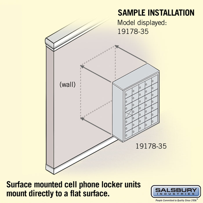 Salsbury Surface Mounted Cell Phone Storage Locker with 35 A Doors (34 usable) in Aluminum - Keyed Locks - Sweatfully