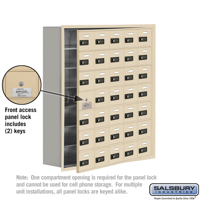 Salsbury Recessed Mounted Cell Phone Storage Locker with 35 A Doors (34 usable) in Sandstone - Resettable Combination Locks - Sweatfully