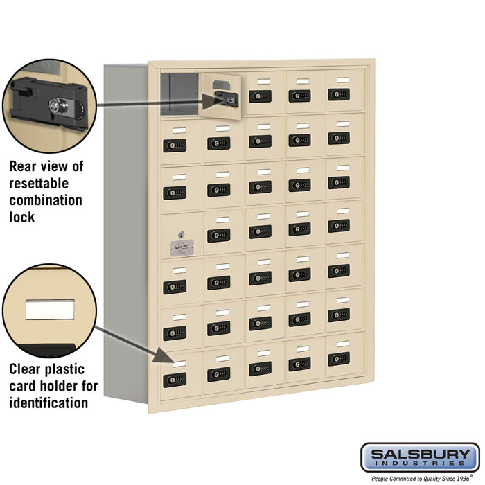 Salsbury Recessed Mounted Cell Phone Storage Locker with 35 A Doors (34 usable) in Sandstone - Resettable Combination Locks - Sweatfully