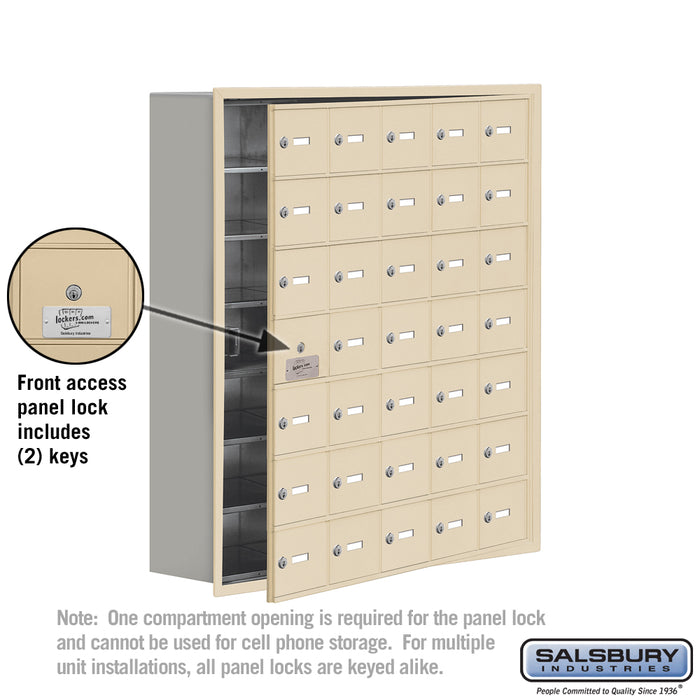 Salsbury Recessed Mounted Cell Phone Storage Locker with 35 A Doors (34 usable) in Sandstone - Keyed Locks - Sweatfully