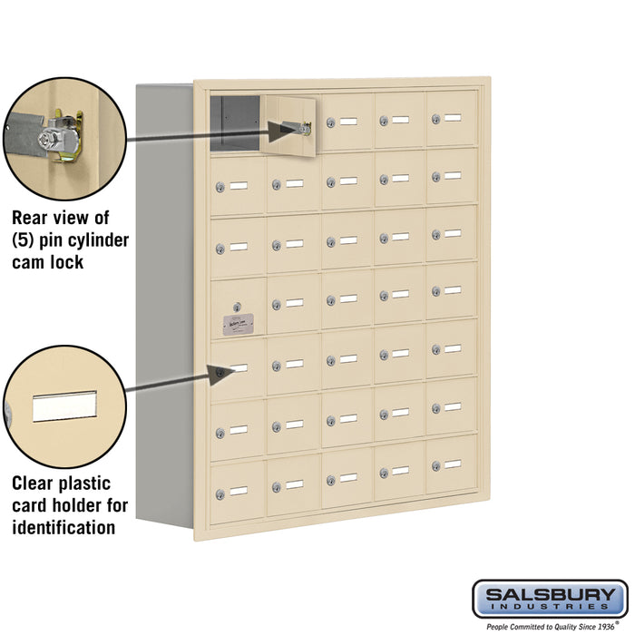 Salsbury Recessed Mounted Cell Phone Storage Locker with 35 A Doors (34 usable) in Sandstone - Keyed Locks - Sweatfully