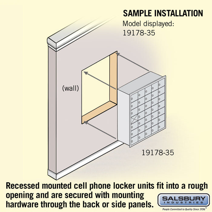Salsbury Recessed Mounted Cell Phone Storage Locker with 35 A Doors (34 usable) in Sandstone - Keyed Locks - Sweatfully