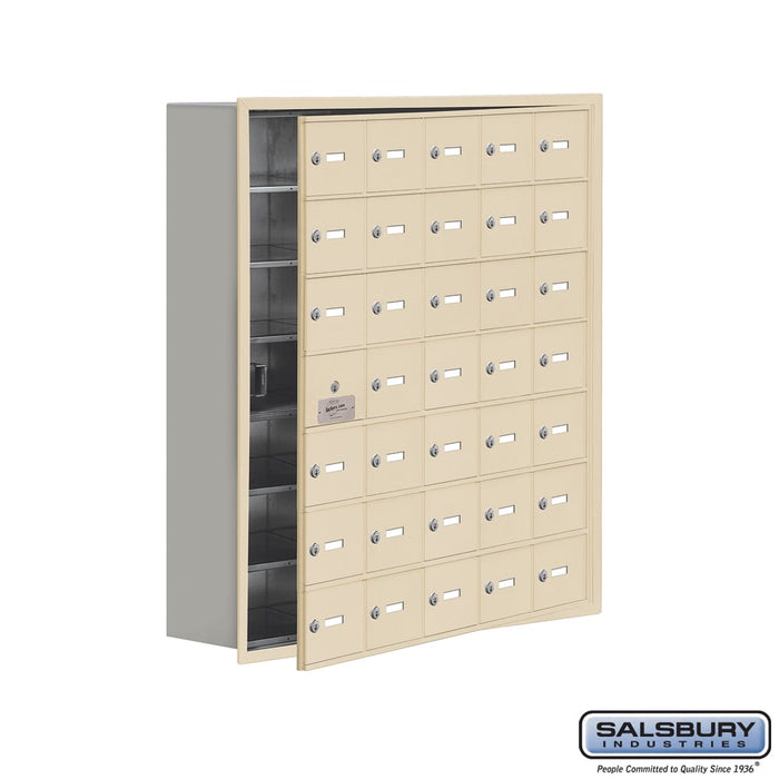 Salsbury Recessed Mounted Cell Phone Storage Locker with 35 A Doors (34 usable) in Sandstone - Keyed Locks - Sweatfully