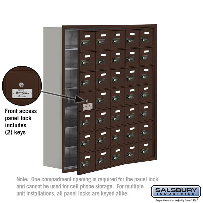 Salsbury Recessed Mounted Cell Phone Storage Locker with 35 A Doors (34 usable) in Bronze - Resettable Combination Locks - Sweatfully