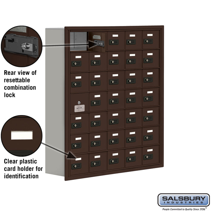 Salsbury Recessed Mounted Cell Phone Storage Locker with 35 A Doors (34 usable) in Bronze - Resettable Combination Locks - Sweatfully