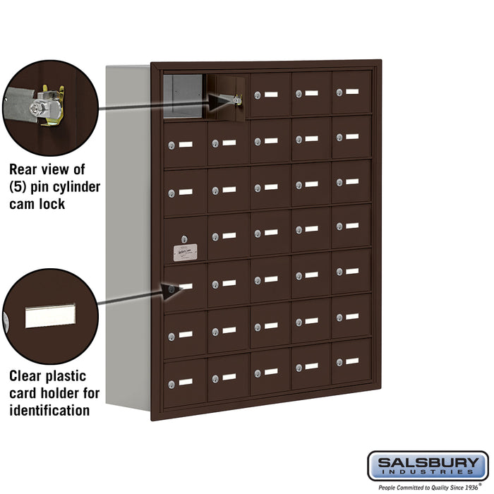 Salsbury Recessed Mounted Cell Phone Storage Locker with 35 A Doors (34 usable) in Bronze - Keyed Locks - Sweatfully