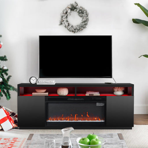 Modern 68" LED TV Stand with 36" Insert Opening Electric Fireplace for Living Room in Black or White - Sweatfully