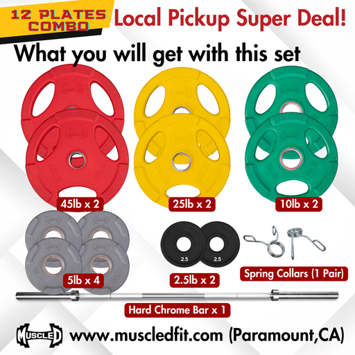 Muscle D 12 Olympic Plates + Bar + Spring Collars - Local Pick Up Only Deal(Paramount,CA) - Sweatfully
