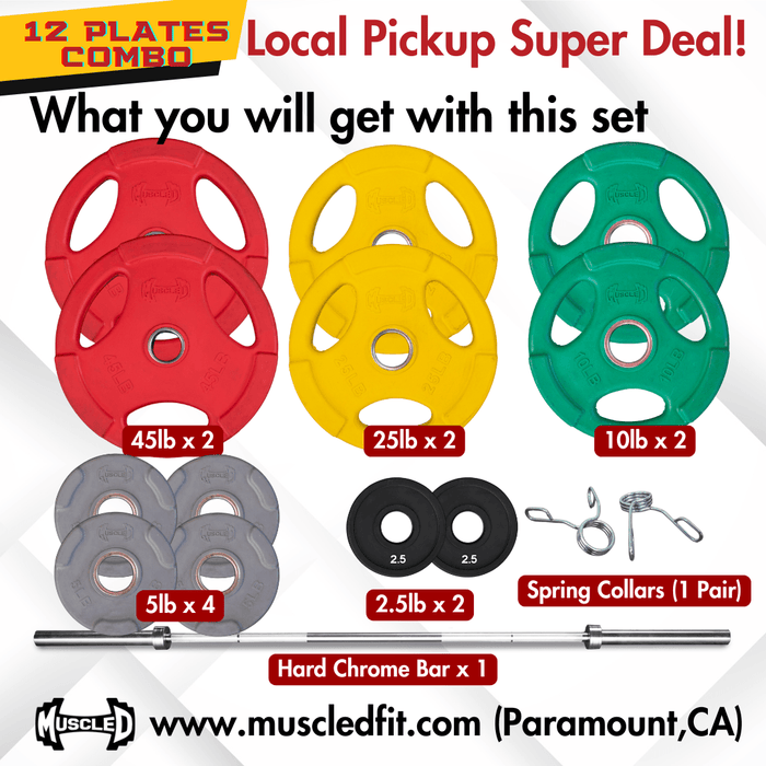 Muscle D 12 Olympic Plates + Bar + Spring Collars - Local Pick Up Only Deal(Paramount,CA) - Sweatfully