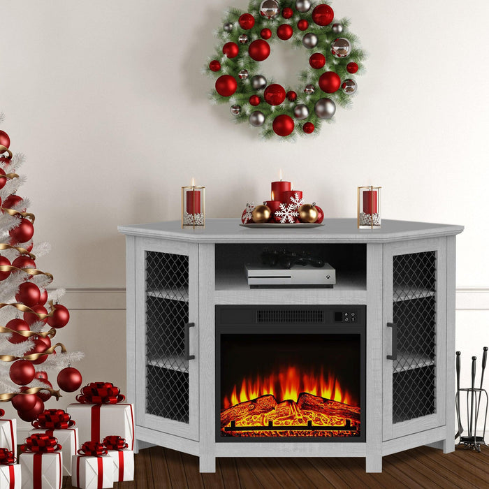 45" Corner Electric Fireplace TV Stands Console Table with 2 Metal Mesh Doors - Sweatfully