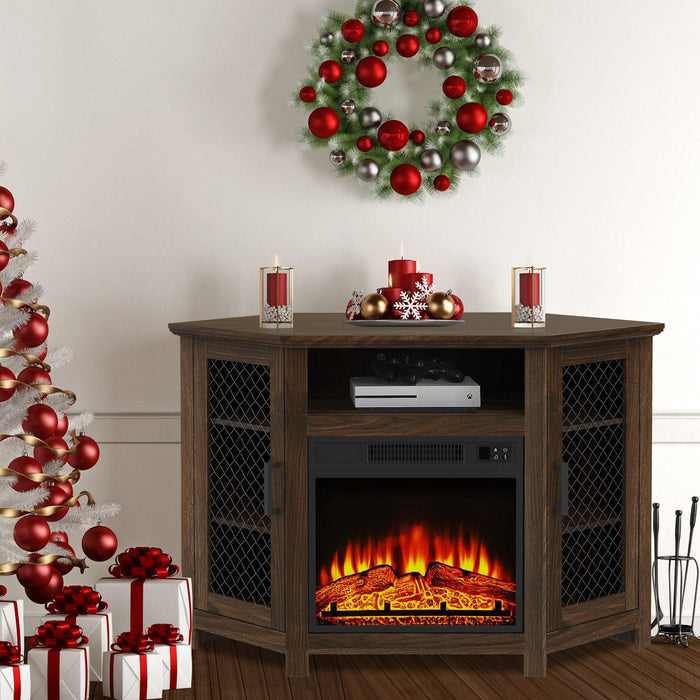 45" Corner Electric Fireplace TV Stands Console Table with 2 Metal Mesh Doors - Sweatfully