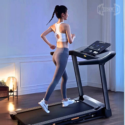 Light Commercial Folding Treadmill - Muscle D Fitness - LED Display - Heart Rate Monitor - Safety Clip - Sweatfully