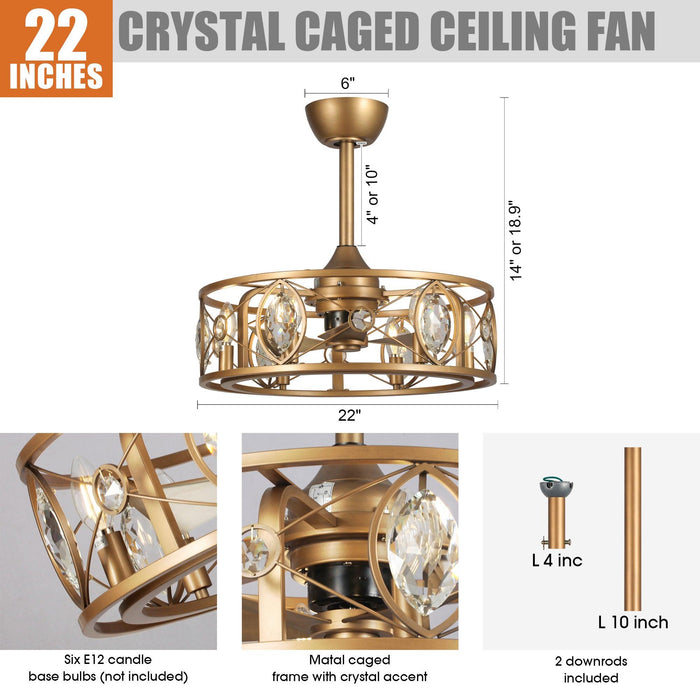 22" Kashmir Modern Glod Reversible Crystal Fandelier Ceiling Fan with Lighting and Remote Control - Sweatfully