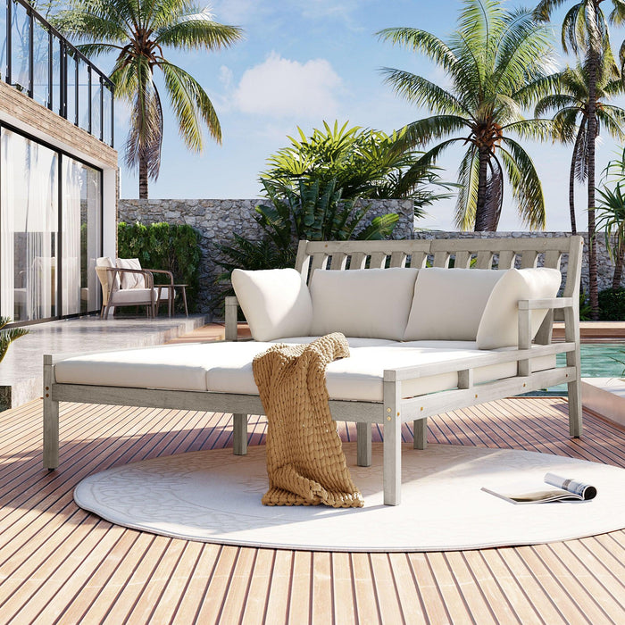 Outdoor Daybed, Patio Daybed with Four Pillows, Wooden Outdoor Bed with Curved Armrests for Poolside, Backyard, Garden - Sweatfully