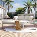Outdoor Daybed, Patio Daybed with Four Pillows, Wooden Outdoor Bed with Curved Armrests for Poolside, Backyard, Garden - Sweatfully