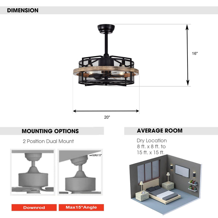 20" Industrial Downrod Mount Fandelier Ceiling Fan with Lighting and Remote Control - Sweatfully