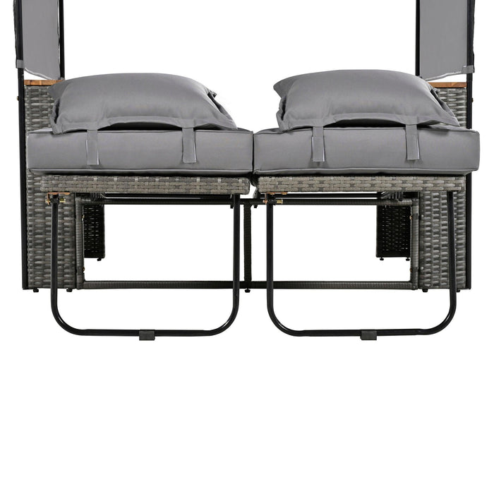 2-Piece Outdoor Rattan Daybed with Bench Lounge Roof Set and Cushions for Poolside, Backyard and Garden - Sweatfully