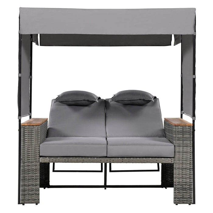 2-Piece Outdoor Rattan Daybed with Bench Lounge Roof Set and Cushions for Poolside, Backyard and Garden - Sweatfully