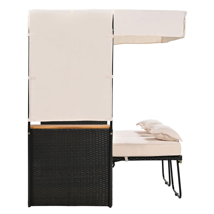 2-Piece Outdoor Rattan Daybed with Bench Lounge Roof Set and Cushions for Poolside, Backyard and Garden - Sweatfully