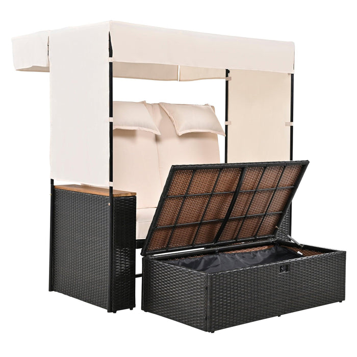 2-Piece Outdoor Rattan Daybed with Bench Lounge Roof Set and Cushions for Poolside, Backyard and Garden - Sweatfully