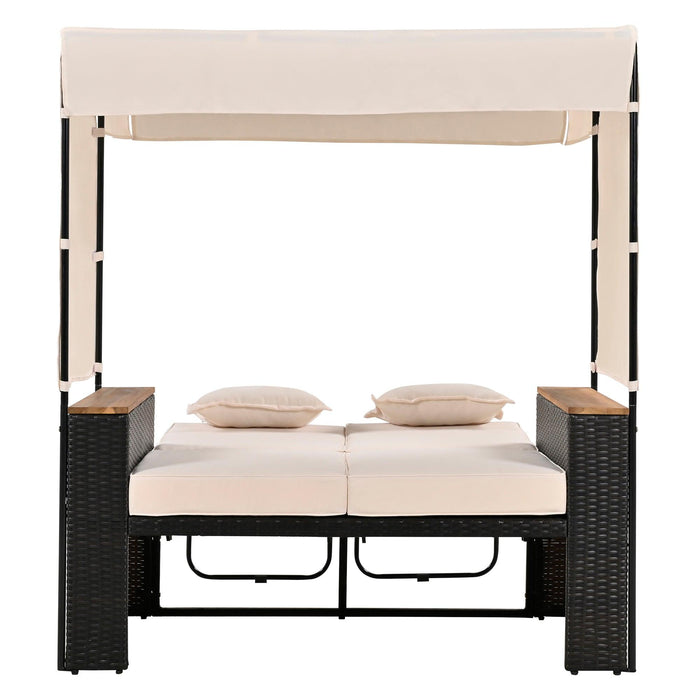 2-Piece Outdoor Rattan Daybed with Bench Lounge Roof Set and Cushions for Poolside, Backyard and Garden - Sweatfully