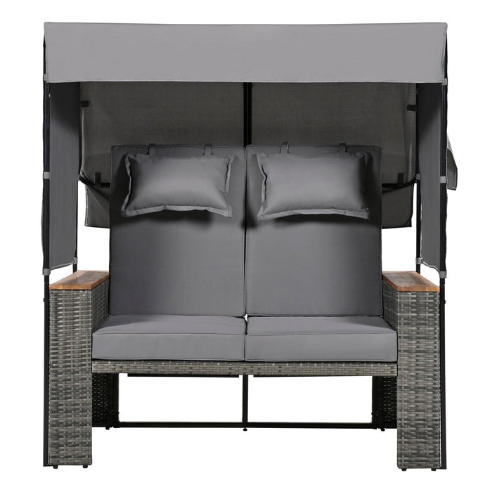 2-Piece Outdoor Rattan Daybed with Bench Lounge Roof Set and Cushions for Poolside, Backyard and Garden - Sweatfully