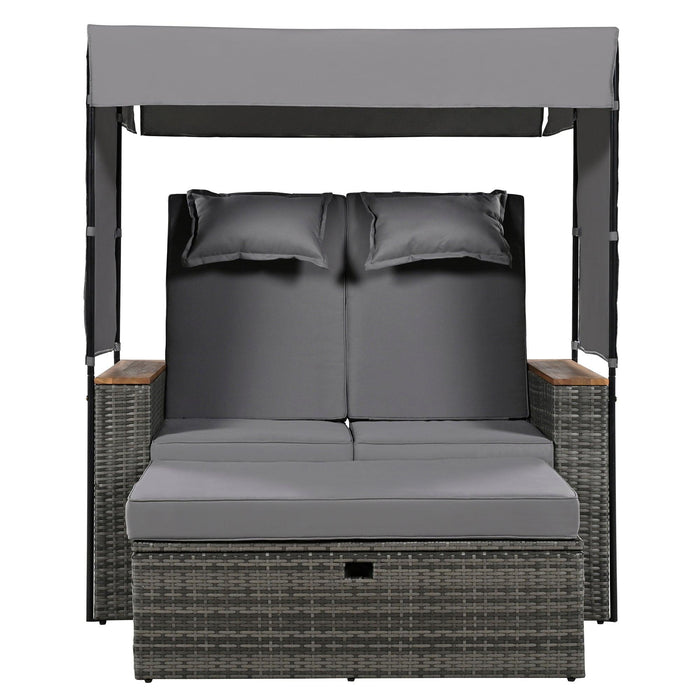 2-Piece Outdoor Rattan Daybed with Bench Lounge Roof Set and Cushions for Poolside, Backyard and Garden - Sweatfully