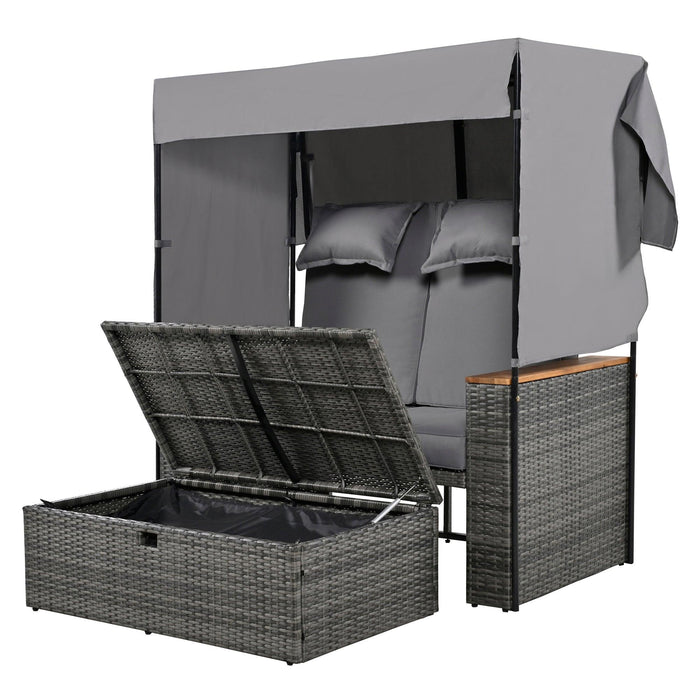 2-Piece Outdoor Rattan Daybed with Bench Lounge Roof Set and Cushions for Poolside, Backyard and Garden - Sweatfully