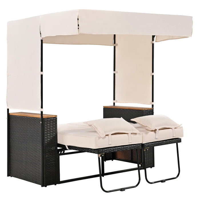 2-Piece Outdoor Rattan Daybed with Bench Lounge Roof Set and Cushions for Poolside, Backyard and Garden - Sweatfully