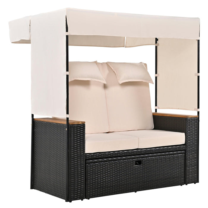 2-Piece Outdoor Rattan Daybed with Bench Lounge Roof Set and Cushions for Poolside, Backyard and Garden - Sweatfully
