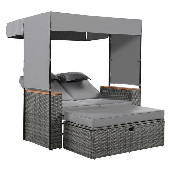2-Piece Outdoor Rattan Daybed with Bench Lounge Roof Set and Cushions for Poolside, Backyard and Garden - Sweatfully