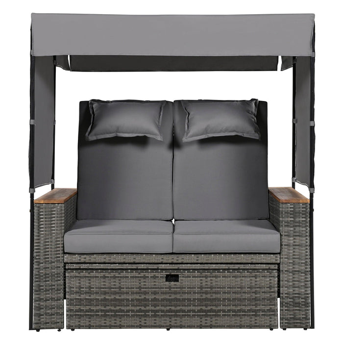 2-Piece Outdoor Rattan Daybed with Bench Lounge Roof Set and Cushions for Poolside, Backyard and Garden - Sweatfully