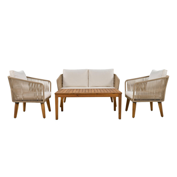 4 Pieces Outdoor Furniture Set with Loveseat, Patio Rope Conversation Set with Cushions for Backyard, Poolside, Garden - Sweatfully