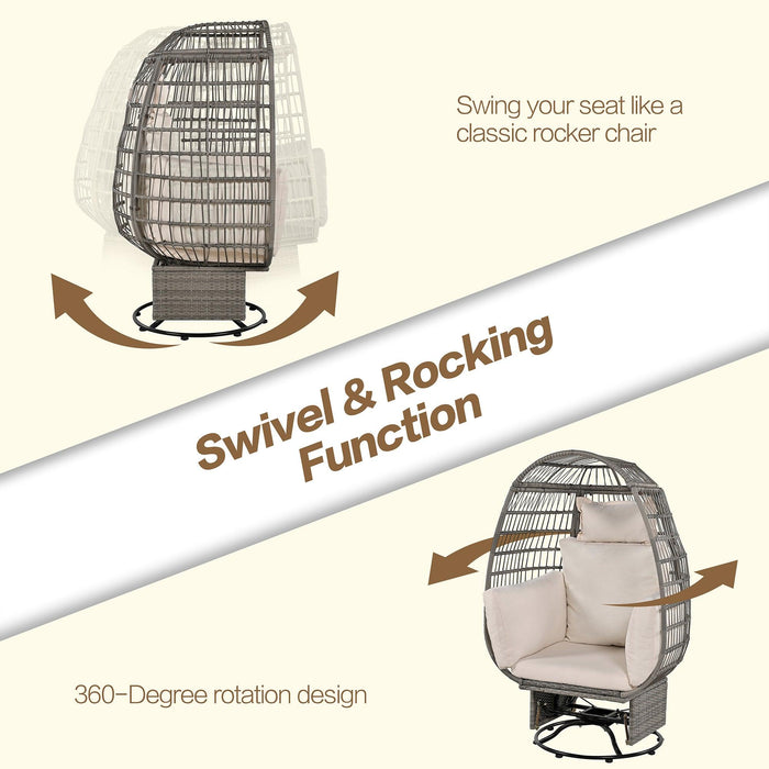 Outdoor Swivel Chair with Cushions, Rattan Egg Patio Chair with Rocking Function for Balcony, Poolside and Garden - Sweatfully