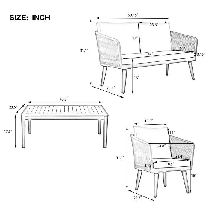 4 Pieces Outdoor Furniture Set with Loveseat, Patio Rope Conversation Set with Cushions for Backyard, Poolside, Garden - Sweatfully