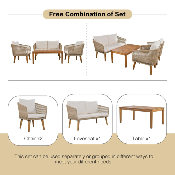 4 Pieces Outdoor Furniture Set with Loveseat, Patio Rope Conversation Set with Cushions for Backyard, Poolside, Garden - Sweatfully