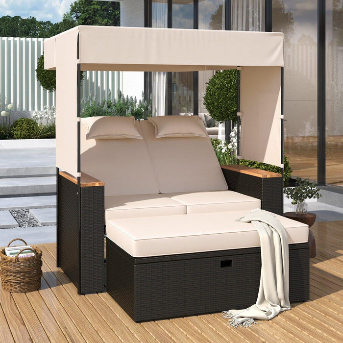 2-Piece Outdoor Rattan Daybed with Bench Lounge Roof Set and Cushions for Poolside, Backyard and Garden - Sweatfully