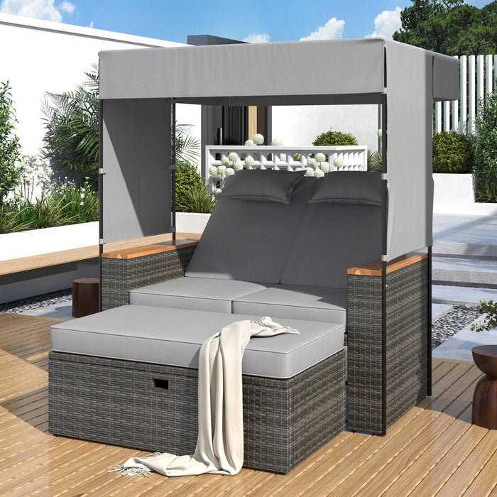 2-Piece Outdoor Rattan Daybed with Bench Lounge Roof Set and Cushions for Poolside, Backyard and Garden - Sweatfully