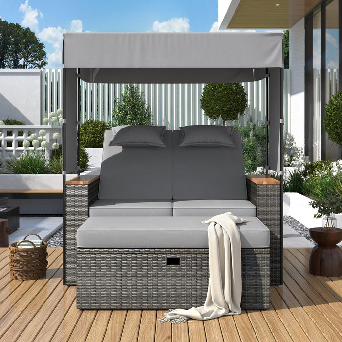 2-Piece Outdoor Rattan Daybed with Bench Lounge Roof Set and Cushions for Poolside, Backyard and Garden - Sweatfully