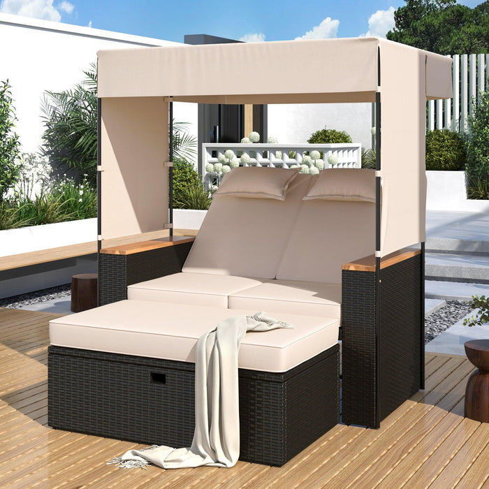 2-Piece Outdoor Rattan Daybed with Bench Lounge Roof Set and Cushions for Poolside, Backyard and Garden - Sweatfully