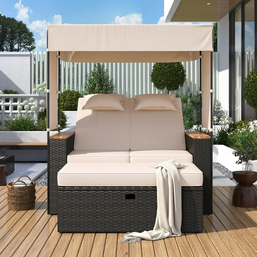 2-Piece Outdoor Rattan Daybed with Bench Lounge Roof Set and Cushions for Poolside, Backyard and Garden - Sweatfully