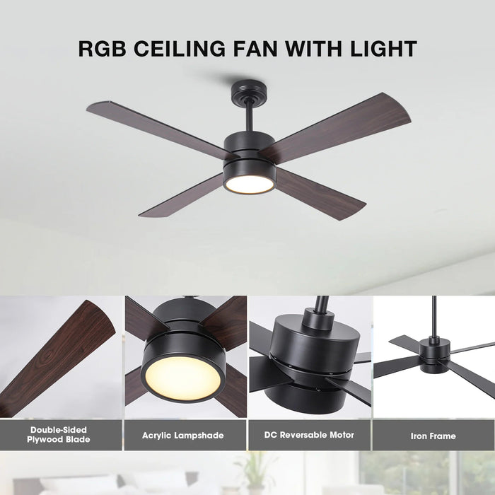 52 Inch Bucholz Industrial Dimmable RGB LED Ceiling Fan with Remote and APP Control - Sweatfully