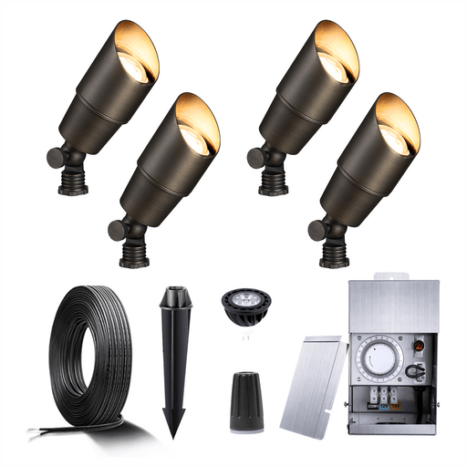 Gardenreet Solid Brass 12V LED Landscape Lighting Spotlights (4/6/8/12Pack) Kit with  Low Voltage Transformer,  Mechanical Timer, Wire, Connectors for Outdoor Garden Patio (2101) - Sweatfully