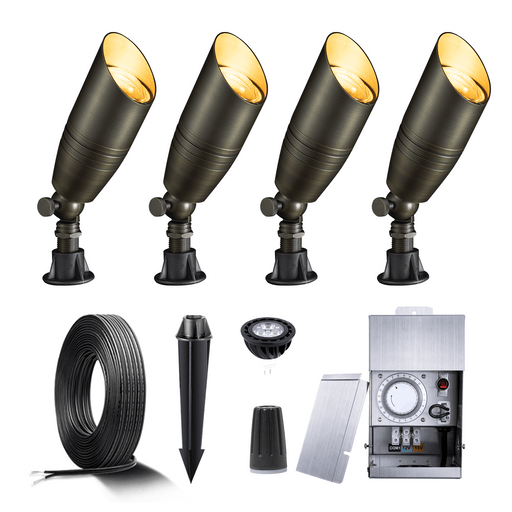 Gardenreet Solid Brass 12V LED Landscape Lighting Spotlights (4/6/8/12Pack) Kit with  Low Voltage Transformer,  Mechanical Timer, Wire, Connectors for Outdoor Garden Patio (2105) - Sweatfully