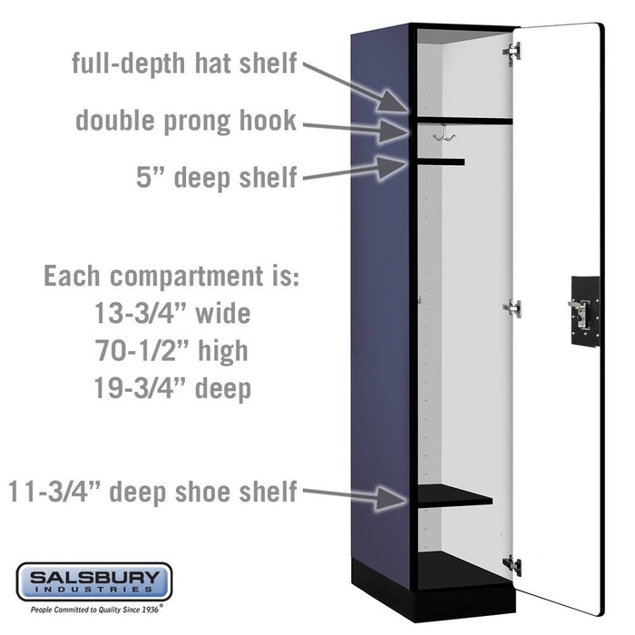 Salsbury 15" Wide Single Tier Designer Wood Locker - 1 Wide - 6 Feet High - 21 Inches Deep - Blue - Silver Resettable Combination Locks - Sweatfully