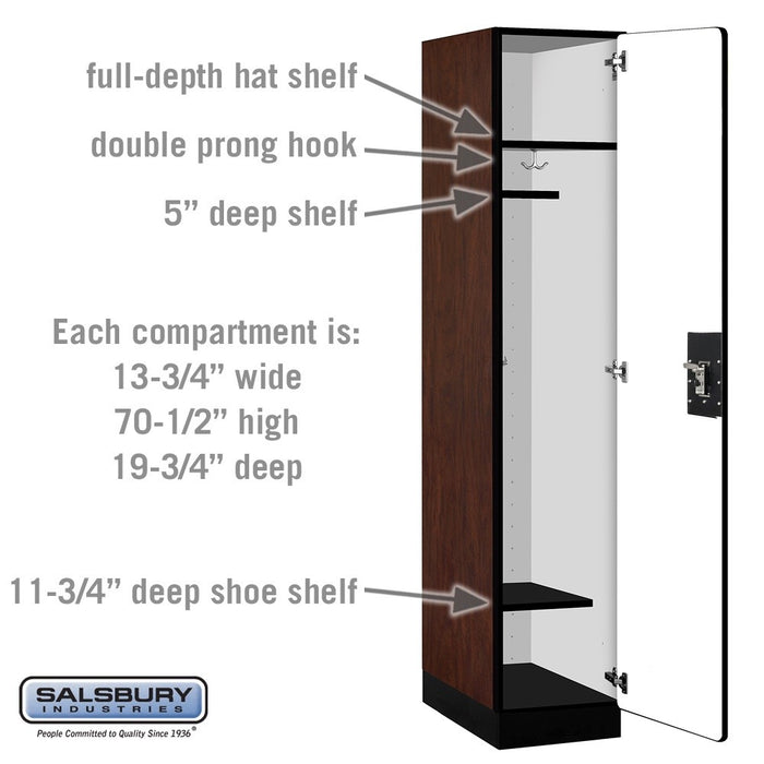 Salsbury 15" Wide Single Tier Designer Wood Locker - 1 Wide - 6 Feet High - 21 Inches Deep - Mahogany - Silver Resettable Combination Locks - Sweatfully
