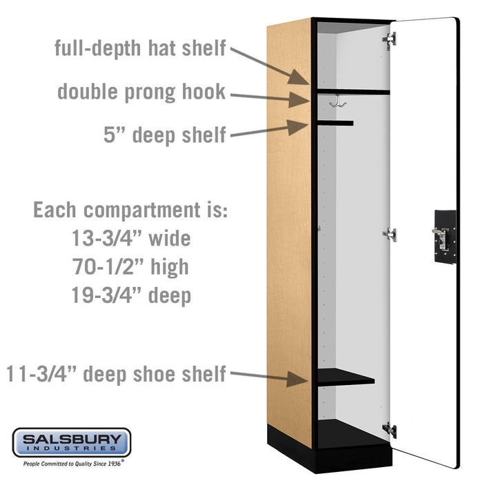 Salsbury 15" Wide Single Tier Designer Wood Locker - 1 Wide - 6 Feet High - 21 Inches Deep - Maple - Black Resettable Combination Locks - Sweatfully