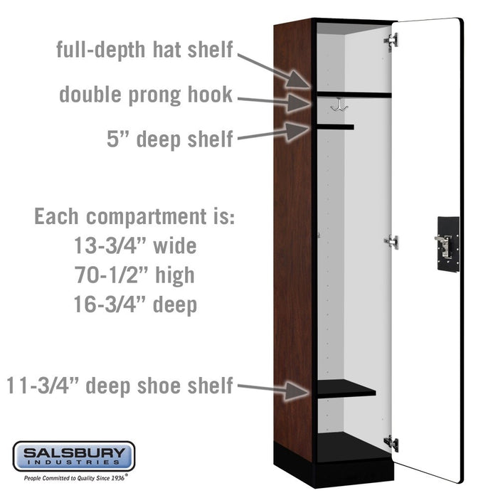 Salsbury 15" Wide Single Tier Designer Wood Locker - 1 Wide - 6 Feet High - 18 Inches Deep - Mahogany - Silver Resettable Combination Locks - Sweatfully