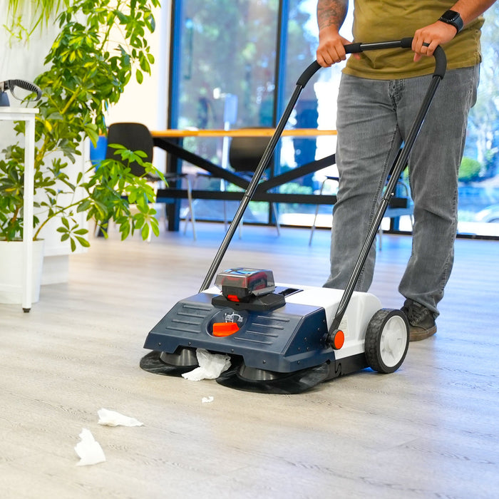 22" Battery Powered Push Sweeper With Double Brush System 18V Lithium-Ion - Sweatfully