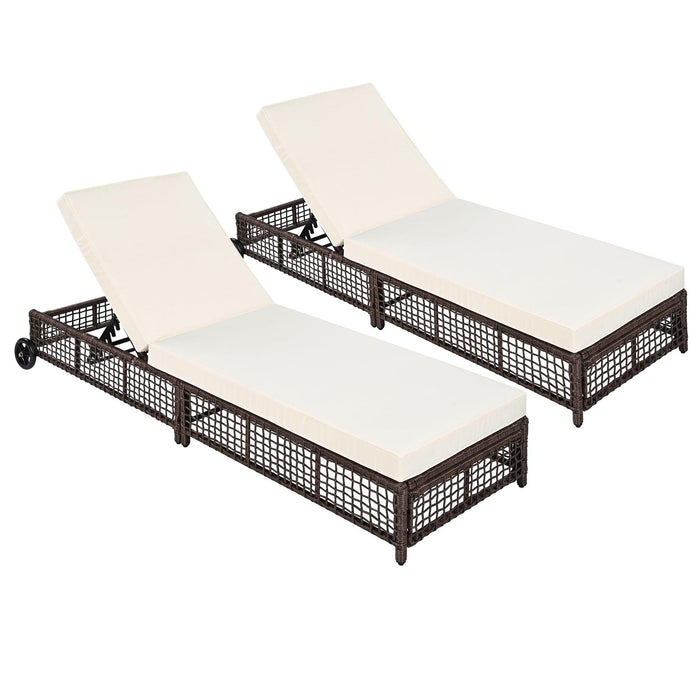 Outdoor Lounge Chair, Patio Chaise Lounge with 5-Position Backrest, Rattan Outdoor Lounge Chair with Cushion and Wheels for Poolside, Backyard, Garden - Sweatfully